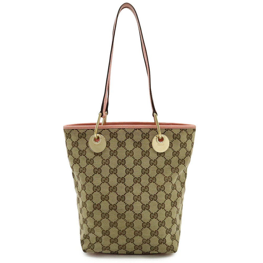 Gucci GG Canvas Tote Bag Shoulder Bucket Leather Beige Brown Cream Pink